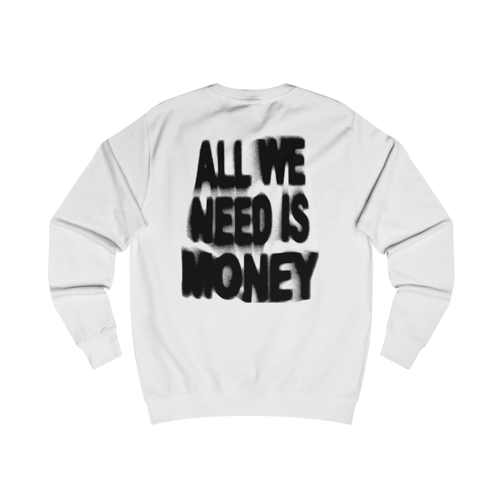 All We Need Is Money Sweatshirt weiß, Rückansicht mit großflächigem Graffiti-Schriftzug