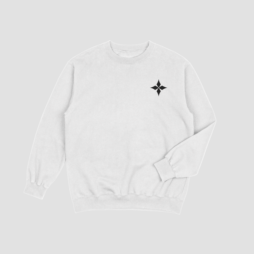 All We Need Is Money Sweatshirt weiß, Vorderansicht mit dezentem Valor-Symbol auf der Brust