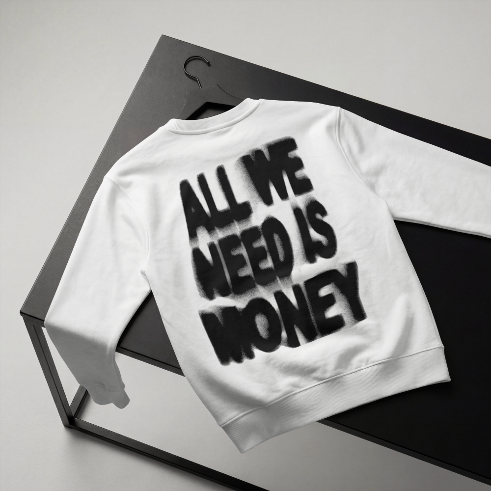 All We Need Is Money Sweatshirt weiß, Rückansicht am Kleiderbügel mit Graffiti-Print