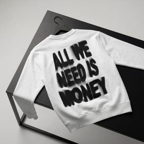 All We Need Is Money Sweatshirt weiß, Rückansicht am Kleiderbügel mit Graffiti-Print
